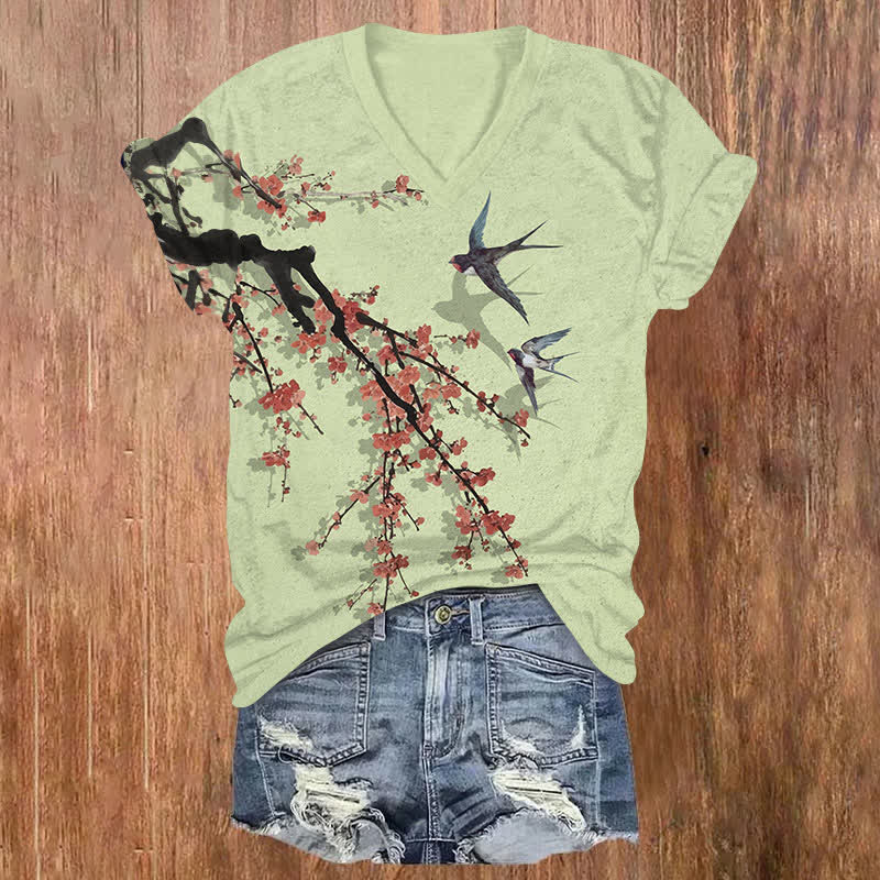 Vintage Japanese Sakura & Swallow Art Print V-neck T-shirt - Light Green - US32-34(5XL) - image 4