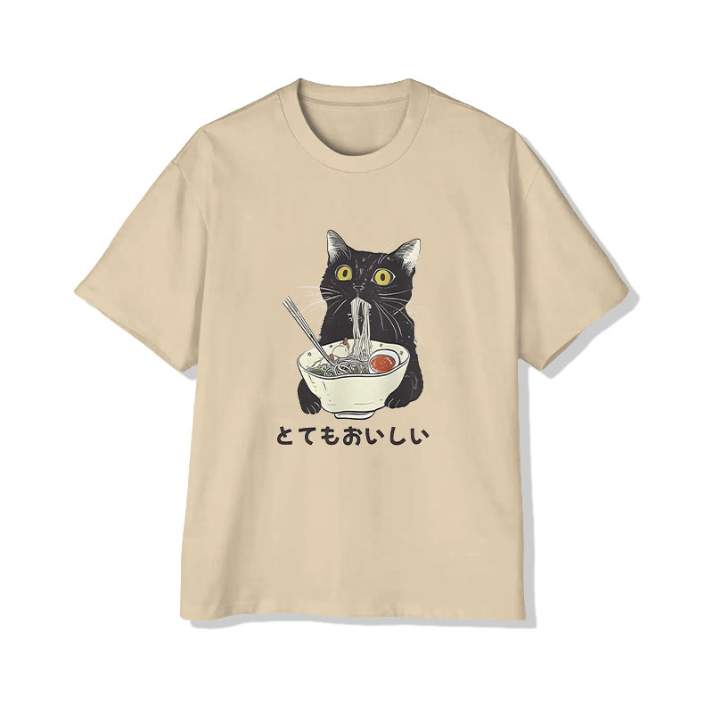 Unisex Cats Eat Ramen Noodles Short Sleeve Crew Neck T-shirt - Apricot - 2XL - image 3