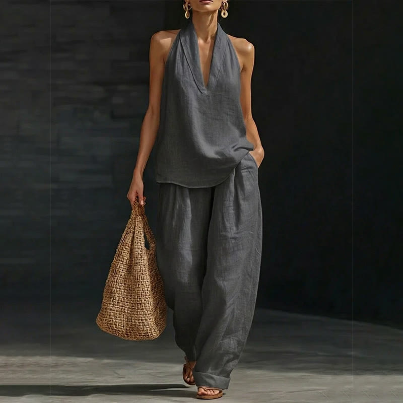 Cozy Loose-fitting Solid Lapel Halter-neck Sleeveless Top&pants Set - Dark Grey - 5XL - image 8