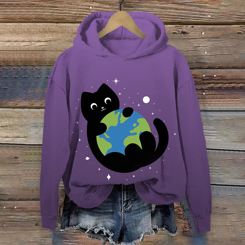 Japanese Lovely Black Cat Holding The Earth Art Print Long Sleeve Hoodie - Ombre Purple - US44-46(8XL) - image 8