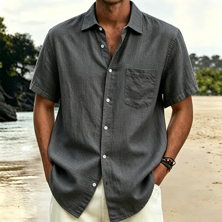 Cozy Solid Texture Button-up Short Sleeve With Pocket Lapel Shirt - Dark Grey - 5XL - image 6