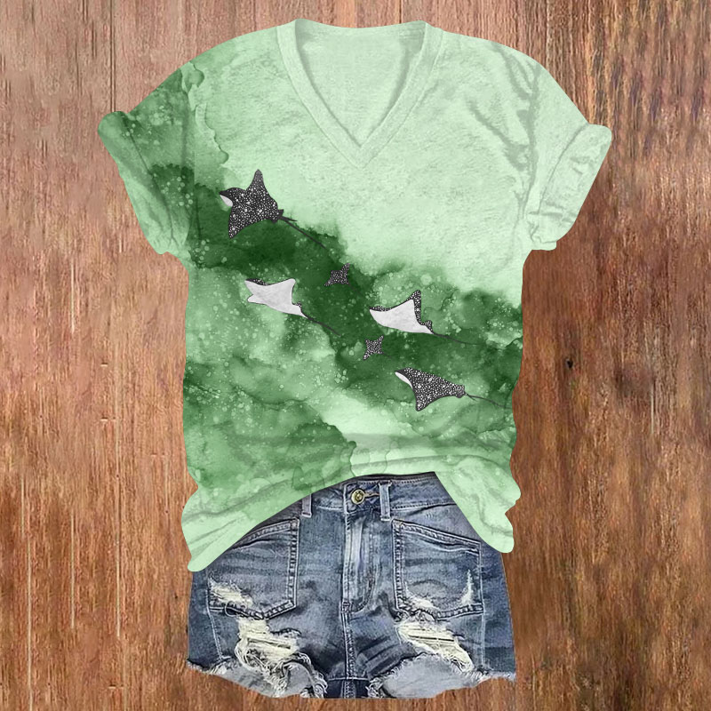 Vintage Ink Splash Ocean Ray Print V-neck T-shirt - Green - US32-34(5XL) - image 3