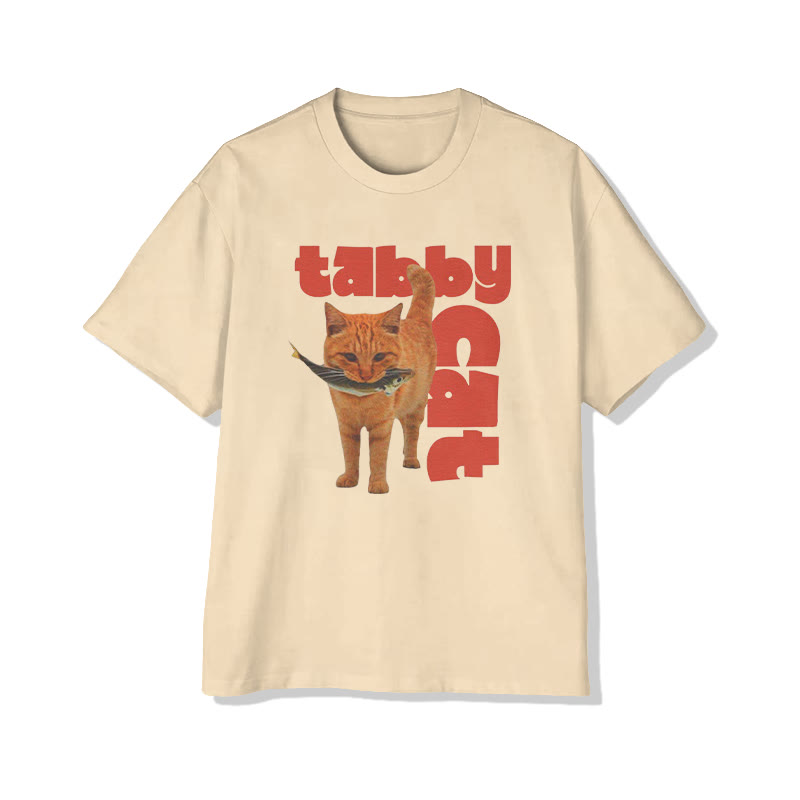 Funny Y2k Tabby Cat With Fish Print Pattern Cotton Print T-shirt - Apricot - US16-18(2XL) - image 4