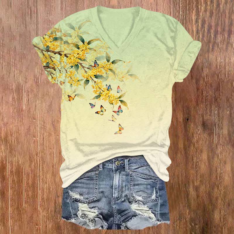 Japanese Vibrant Winter Jasmine & Butterfly Print V-neck T-shirt - Green - US32-34(5XL) - image 5