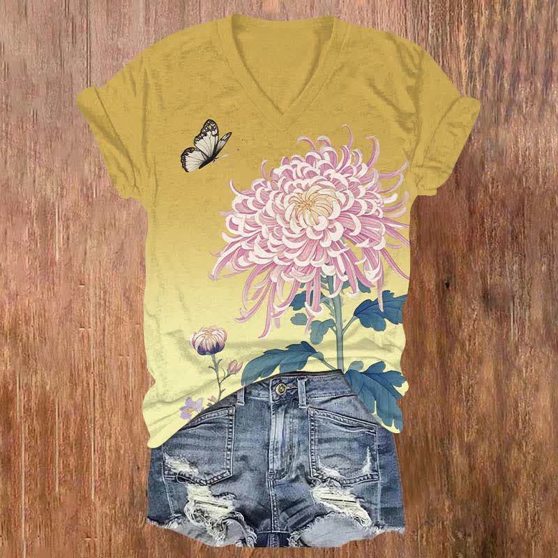 Japanese Vivid Pink Chrysanthemum Art Print V-neck T-shirt - Yellow - US32-34(5XL) - image 4