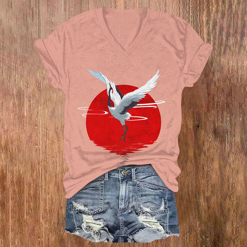 Japanese Style Red Sun Reflection Crane Print V-neck T-shirt - Light Pink - US32-34(5XL) - image 3