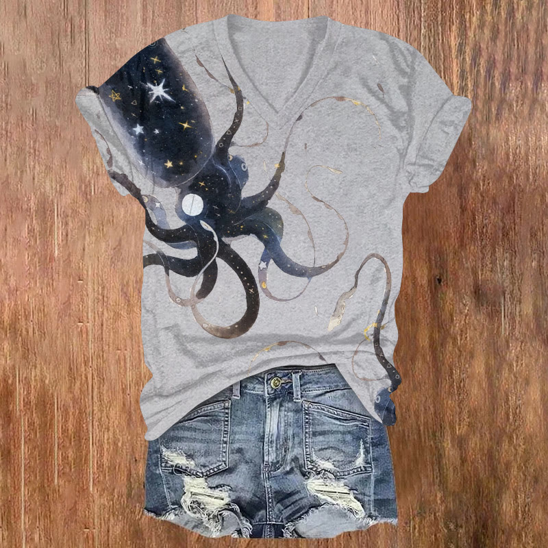 Ocean Starry Sky Squid King Pattern Print Short Sleeved V-Neck T-Shirt - Grey - US32-34(5XL) - image 4