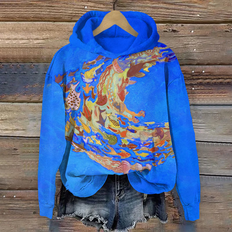 Japanese Oil School Of Fish And Jellyfish Print Long Sleeve Hoodie - Blue - US44-46(8XL) - image 3