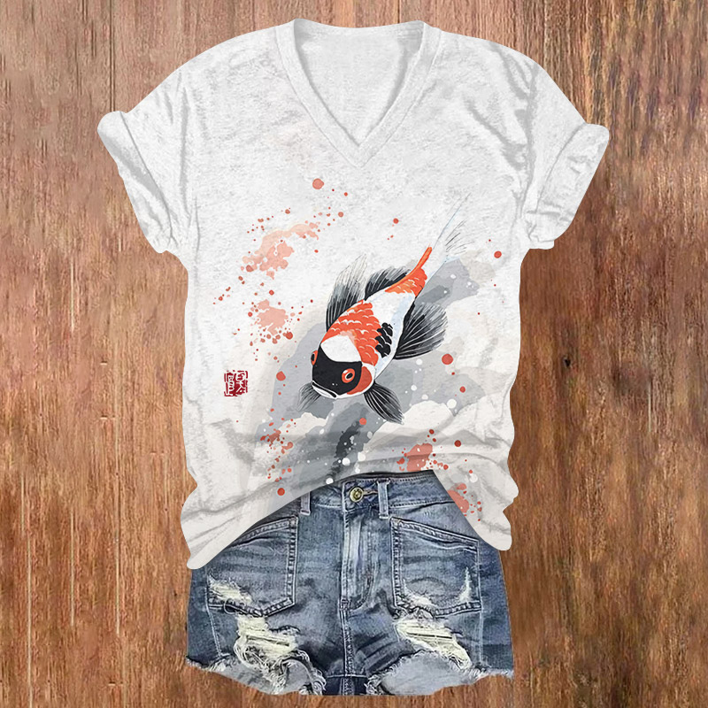 Funny Watercolor Koi Art Print Short Sleeved V-neck T-shirt - Light Gray - US32-34(5XL) - image 1