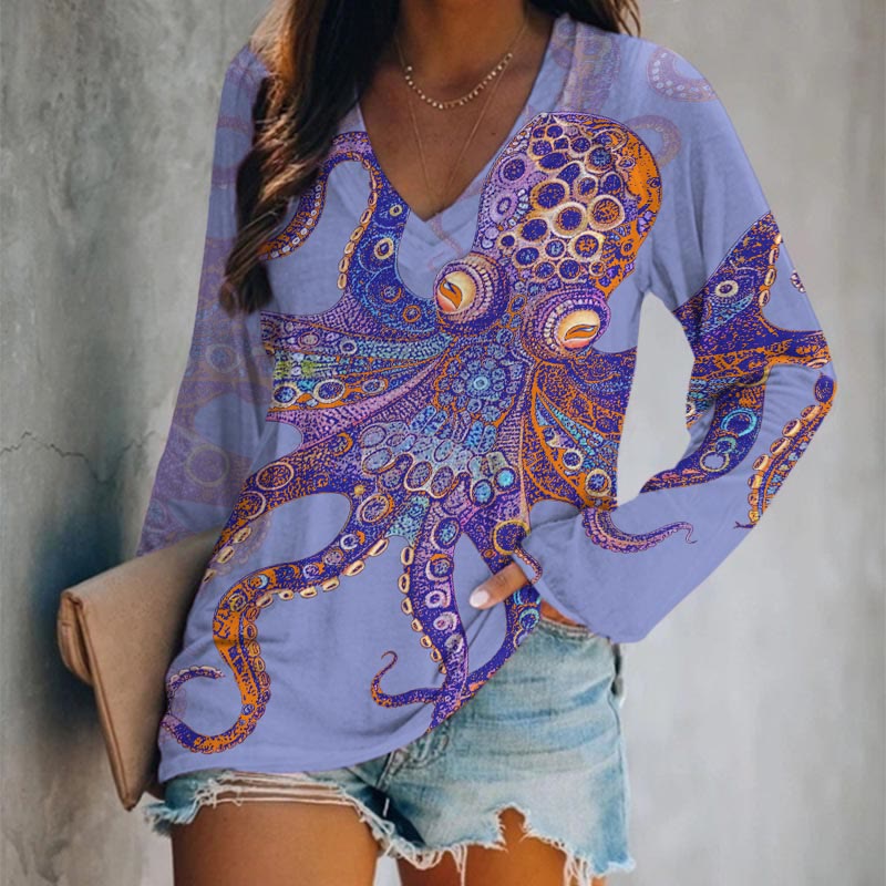 Unique Exquisite Octopus Pattern Art Print Long Sleeve T-shirt - Light Purple - 5XL - image 5