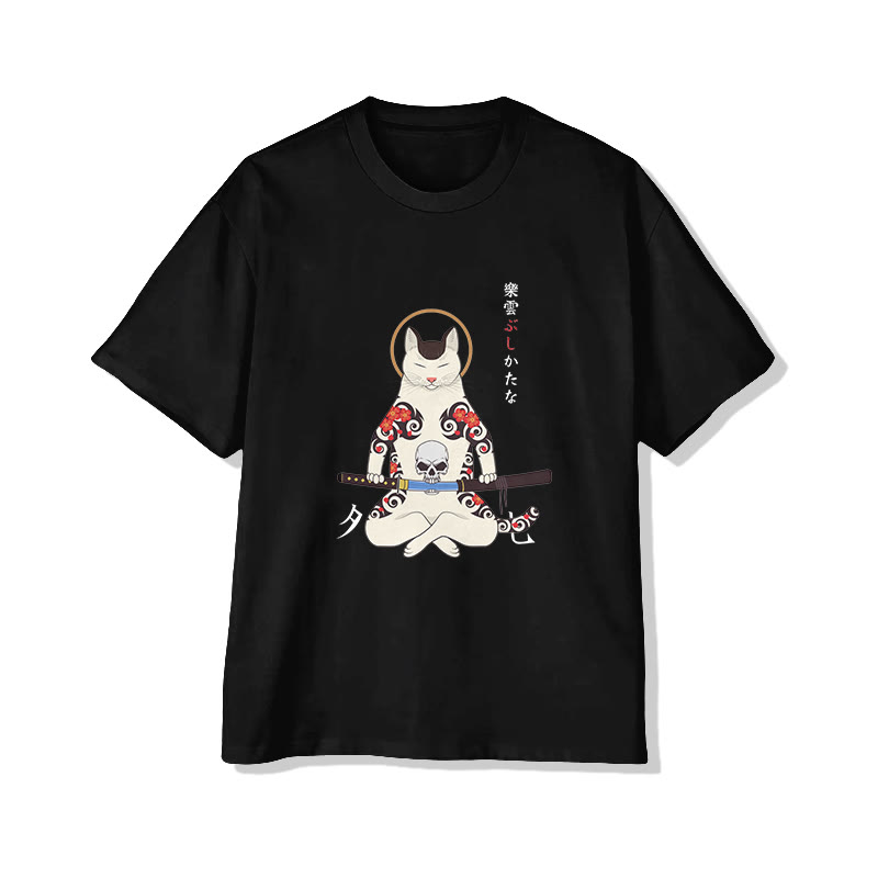 Unisex Japanese Samurai Cat Short Sleeve Crew Neck T-shirt - Black - 2XL - image 4