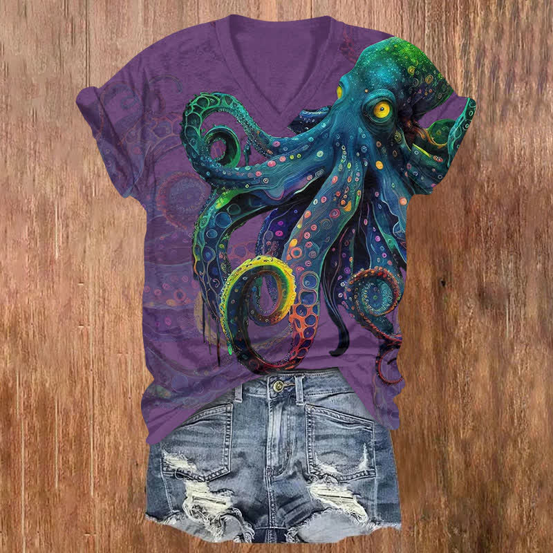 Vintage Colorful Shocking Octopus Print V-neck T-shirt - Purple - US32-34(5XL) - image 3