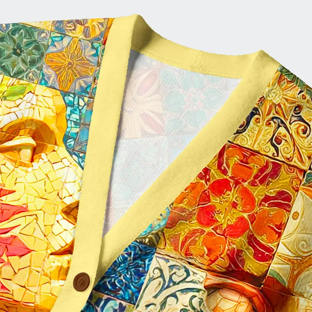 Mosaic Masterpiece: Faces And Patterns Long Sleeved Sweater Cardigan - image 3