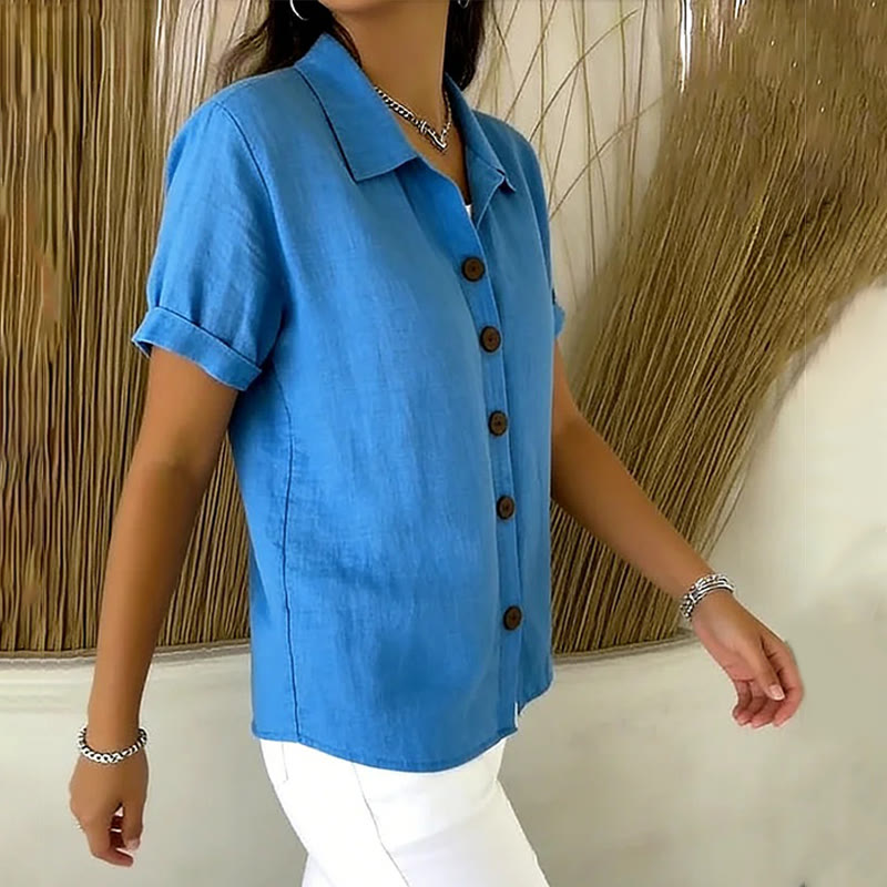Elegant Solid Collared Button-up Short-sleeve Blouse - image 10