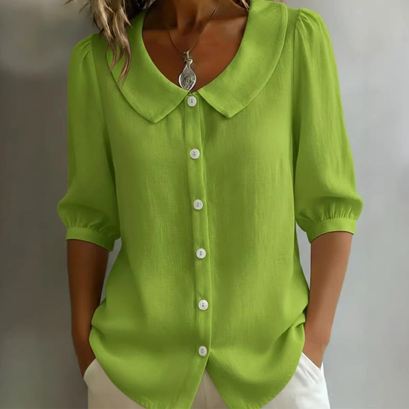 Elegant Solid Collared Button-up Half-sleeve Blouse - Green - 3XL - image 7