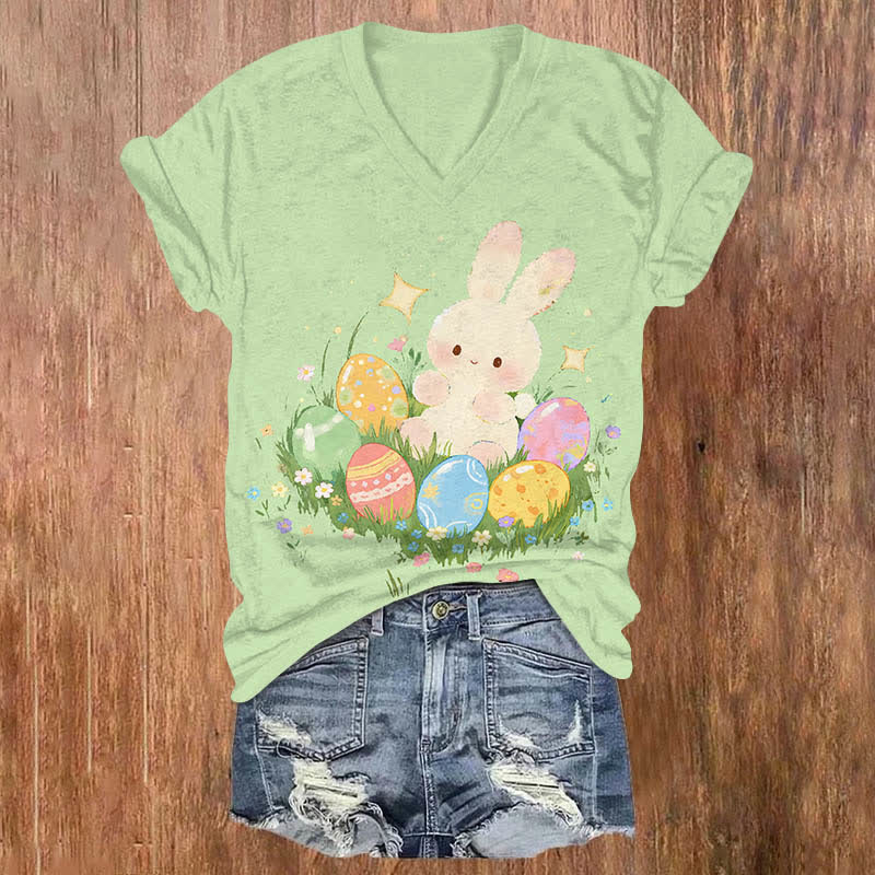 Lovely Bunny & Colorful Easter Egg Print V-neck T-shirt - Green - US32-34(5XL) - image 5