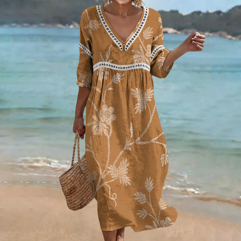 Boho Floral Print Openwork Lace V-neck Half Sleeve Maxi Dress - Yellow - US 16-18 (4XL) - image 5