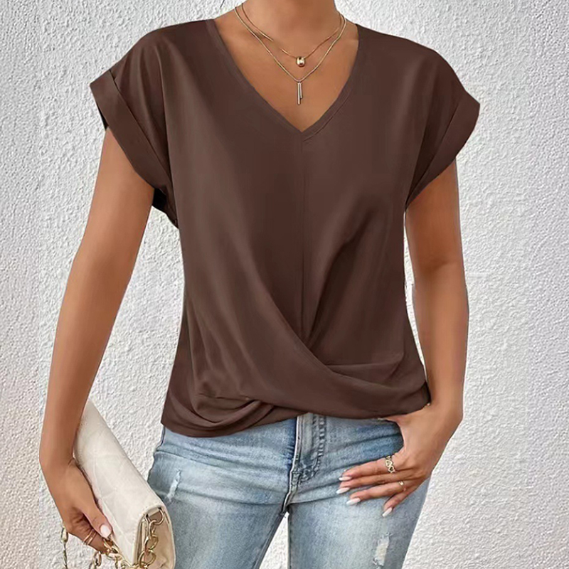 Elegant Solid Overlapping Structure V-neck Flutter-sleeve T-shirt - Brown - 3XL - image 10
