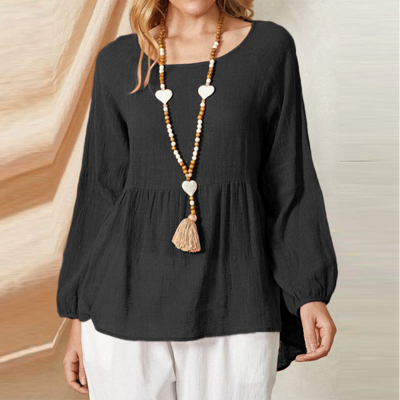 Elegant Solid Round Neck Long-sleeve A-line Blouse - Black - 5XL - image 3