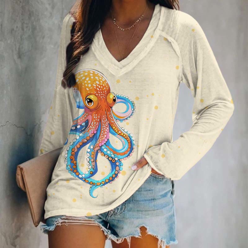 Japanese Funny Bubble Octopus Art Print Long Sleeve T-shirt - Apricot - 5XL - image 5