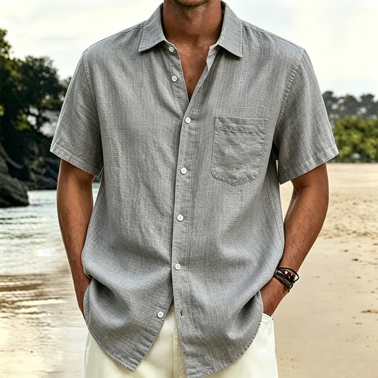 Cozy Solid Texture Button-up Short Sleeve With Pocket Lapel Shirt - Grey - 5XL - image 15
