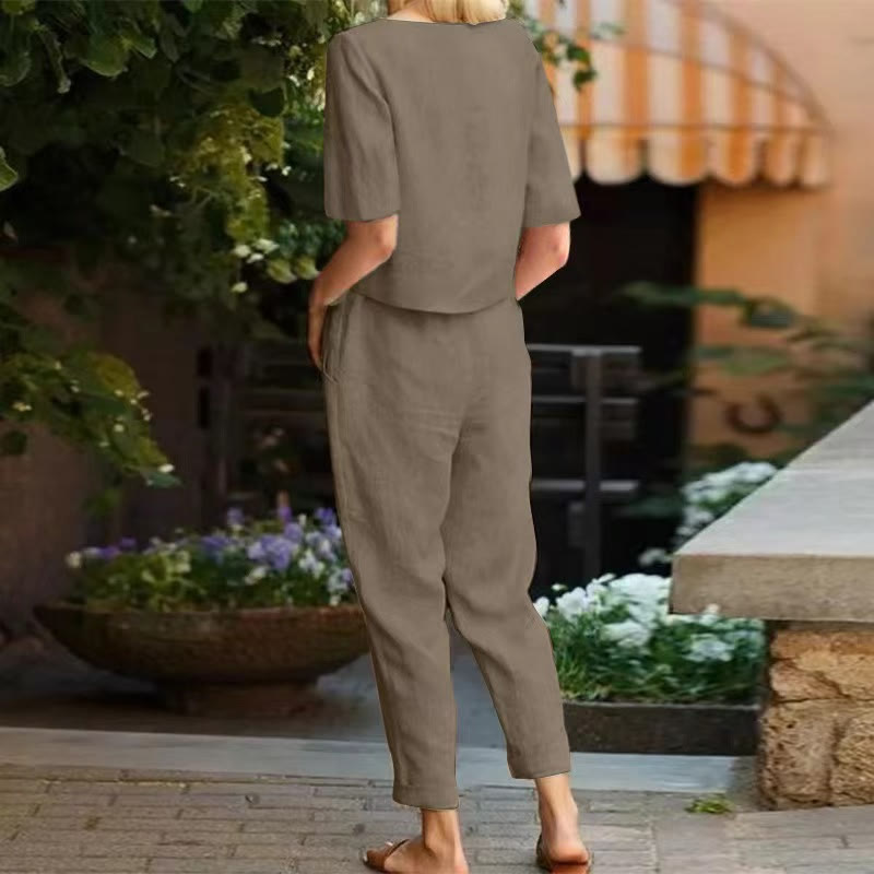 Casual Cozy Loose-Fit Solid Half Sleeve Blouse&Pants Set - image 9