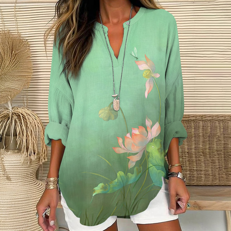 Watercolor Vivid Lotus Blossom Art Print V Neck Long Sleeve Blouse - Green - 8XL - image 1