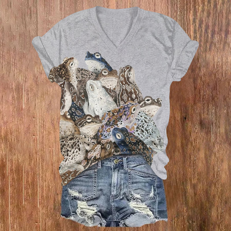 Funny Wet Frog Pile Pattern Print Short Sleeved V-neck T-shirt - Grey - US32-34(5XL) - image 3