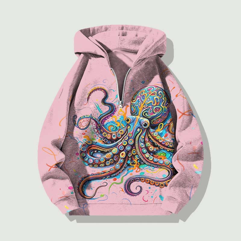 Unisex Vintage Rainbow Octopus Half Zip Hoodie - Pink - US32-34(5XL) - image 6