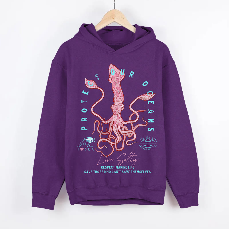 Unisex Protect Our Oceans Squid Pattern Art Print Long Sleeved Hoodie - purple - US44-46(8XL) - image 3