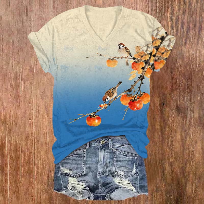 Japanese Cute Bird Eating Persimmon On The Branch Print V-neck T-shirt - Blue - US32-34(5XL) - image 3