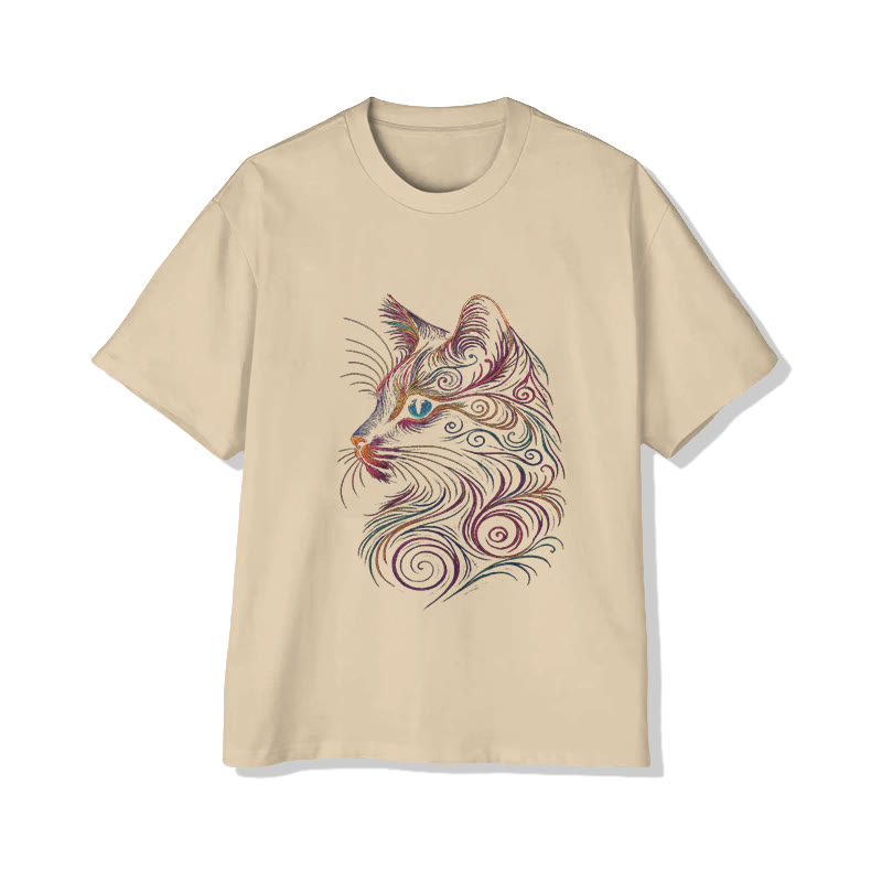 Unisex Colorful Swirling Cat Pattern Print Short Sleeved Crew Neck T-shirt - Apricot - 2XL - image 3