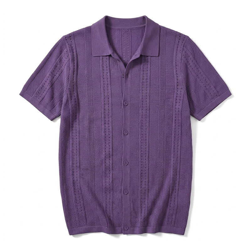Men's Solid Color Knit Collared Short Sleeve Button Up Polo Shirt - Purple - 4XL - image 6