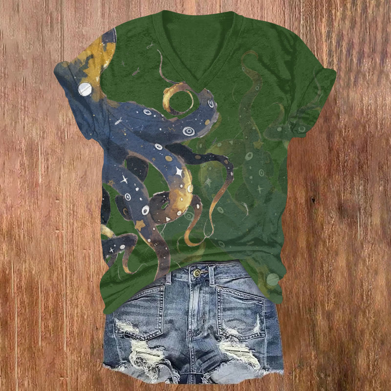 Ocean Starry Sky Octopus Pattern Print Short Sleeved V-neck T-shirt - Green - US32-34(5XL) - image 3