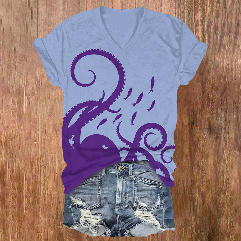 Vintage Simple Octopus Tentacles & Fish Art  Print V-neck T-shirt - Light Purple - US32-34(5XL) - image 4