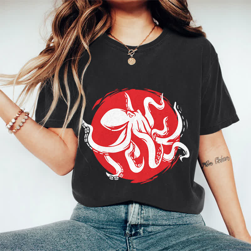 100% Cotton Japanese Abstract Octopus Art T-shirt - Black - 2XL - image 4