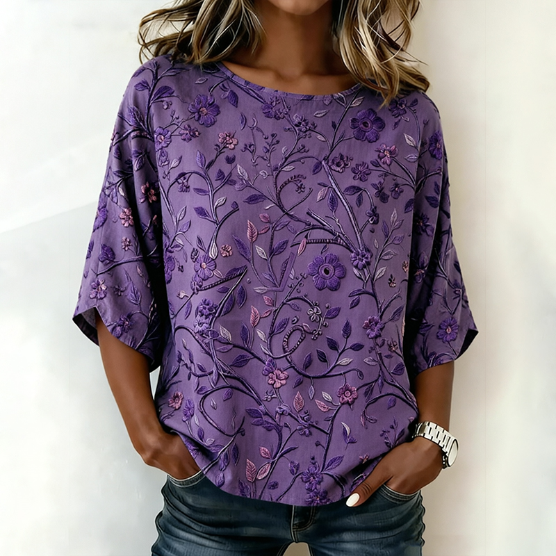  Vintage Vining Alzheimer's Flowers Art Pattern Print Half Sleeve Casual Blouse - Purple - US 28-30 (4XL) - image 1