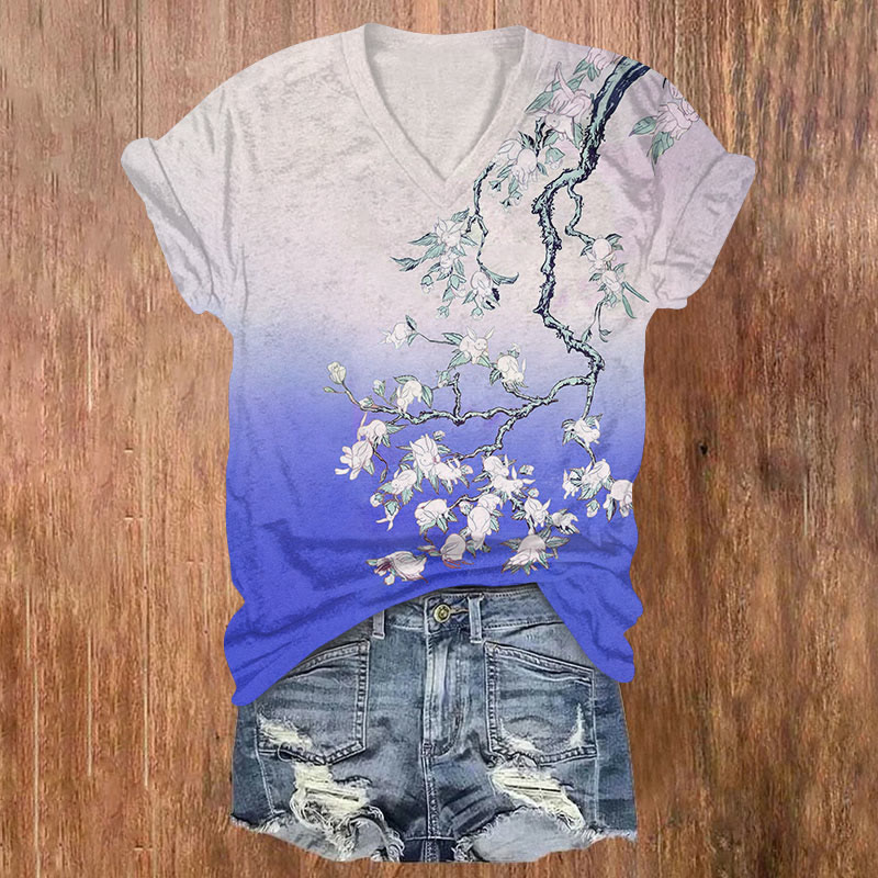 Japanese Watercolor Print Rabbits On The Tree V-neck T-shirt - Blue - US32-34(5XL) - image 5