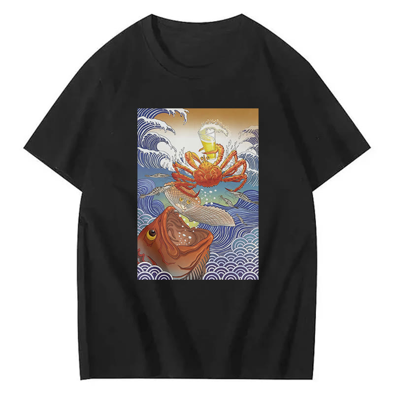 Ukiyo-E Seafood And Beer  Print Short Sleeved Crew Neck T-Shirt - Black - 2XL - image 7