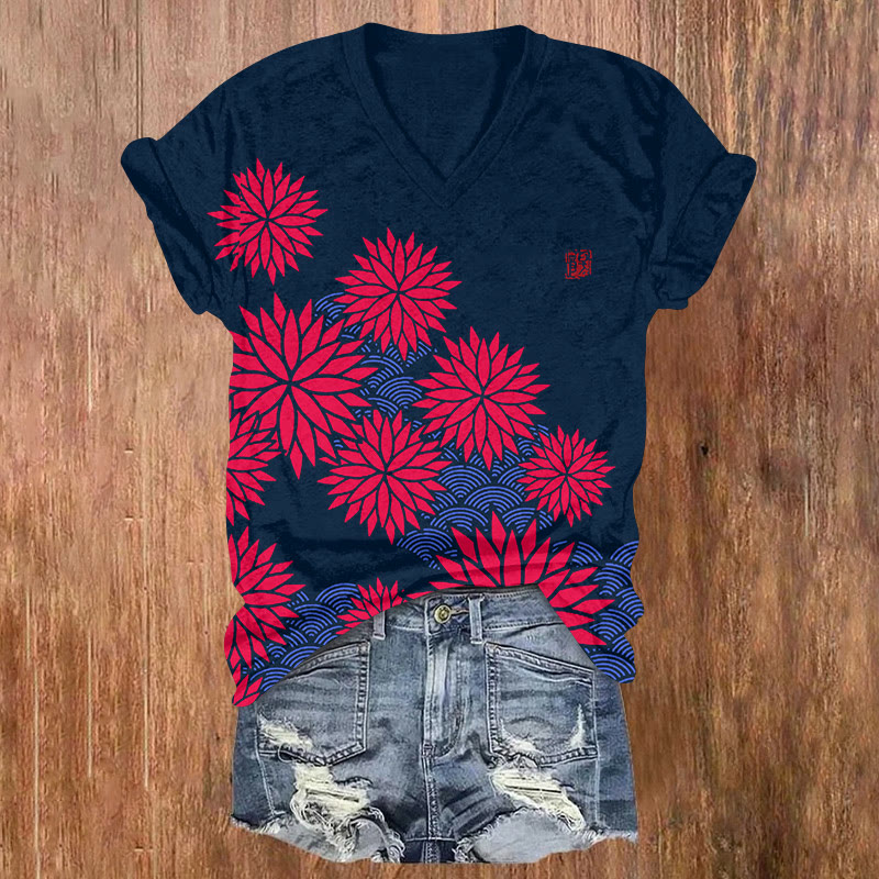 Japanese Vintage Chrysanthemum Water Ripple Pattern Print Short Sleeved V-neck T-shirt - blue-red - US32-34(5XL) - image 6