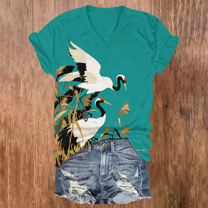 Japanese Oil Painting White Crane Art Print V-neck T-shirt - Lake Blue - US32-34(5XL) - image 7