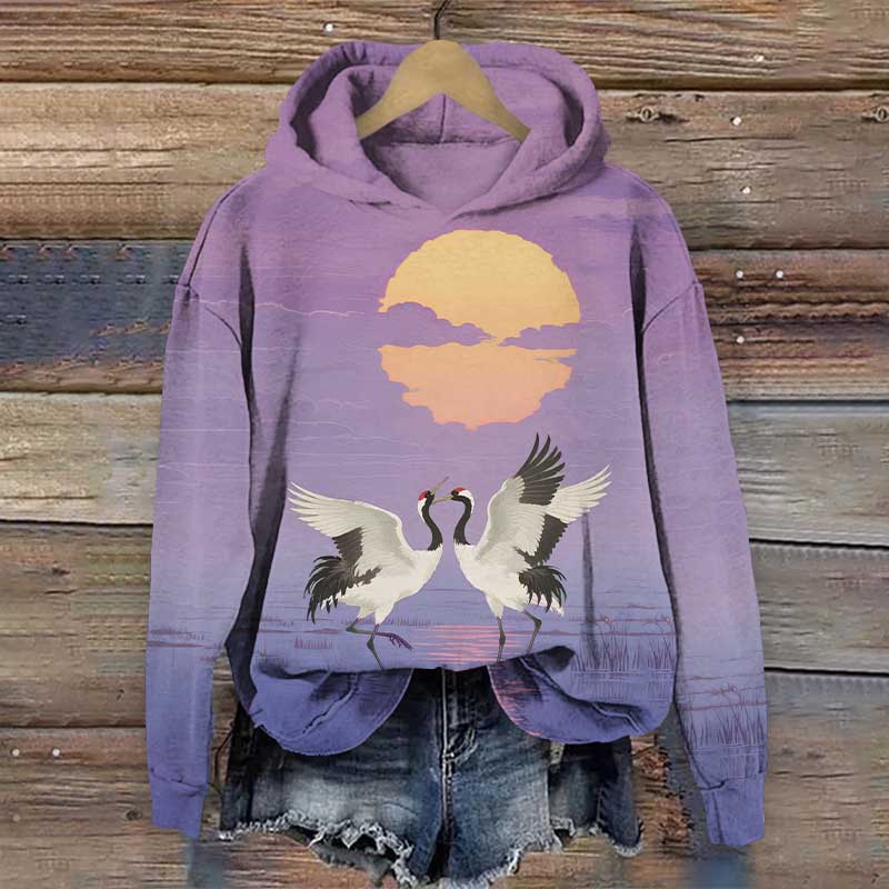 Japanese Loving Couple Crane Playing By The Lake Print Long Sleeve Hoodie - Purple - US44-46(8XL) - image 3