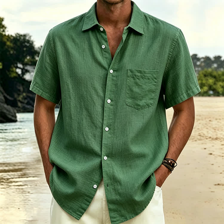 Cozy Solid Texture Button-up Short Sleeve With Pocket Lapel Shirt - Green - 5XL - image 10