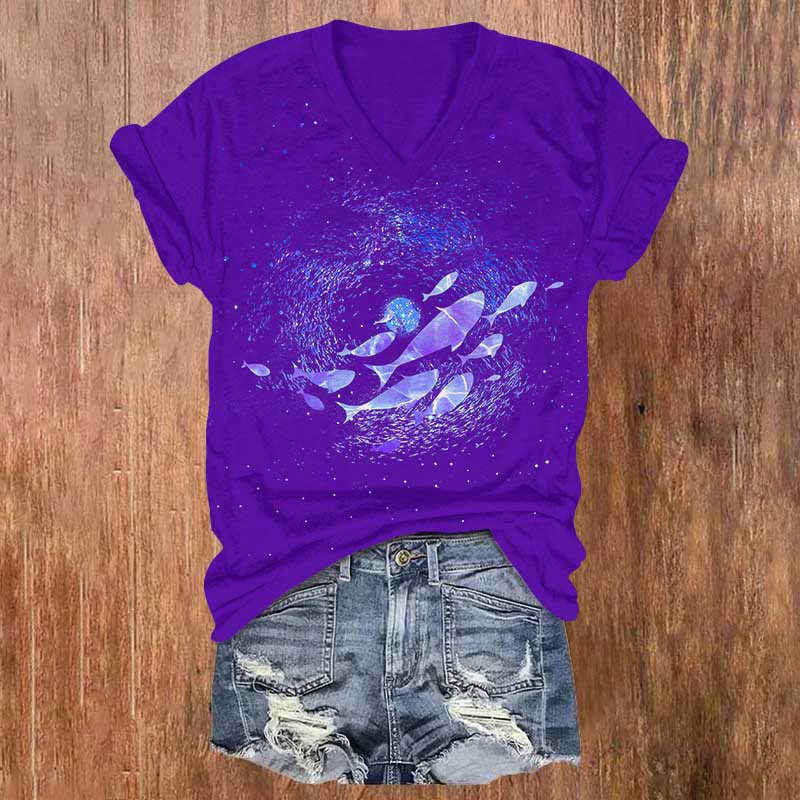 Fish And Starry Sea Design Print V-neck T-shirt - Purple - US32-34(5XL) - image 3