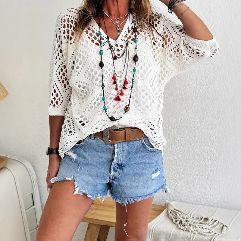 Beach Diamond Cutout Batwing Sleeve V-Neck Cover-up T-Shirt - White - 5XL - image 12