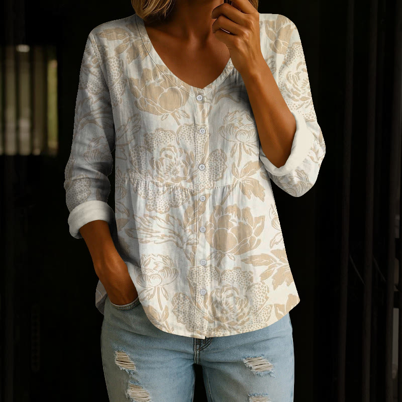 Vintage Peony Texture Pattern Print Button V-neck A-line Long Sleeve Blouse - Yellow - 4XL - image 3