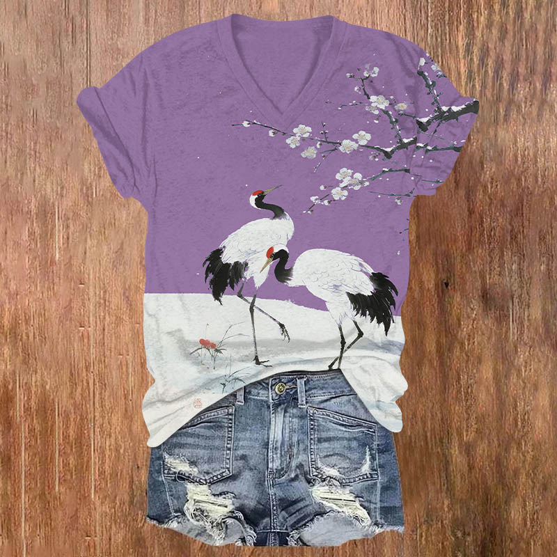 Japanese Winter Crane Under Plum Blossom Tree Print V-neck T-shirt - Purple - US32-34(5XL) - image 4