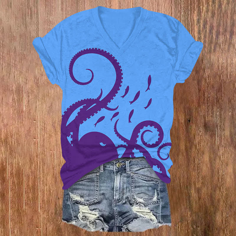 Vintage Simple Octopus Tentacles & Fish Art  Print V-neck T-shirt - Blue - US32-34(5XL) - image 6