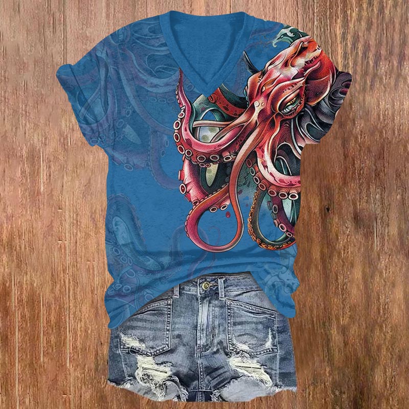 Japanese Vintage Octopus Print V-neck T-shirt - Blue - US32-34(5XL) - image 4