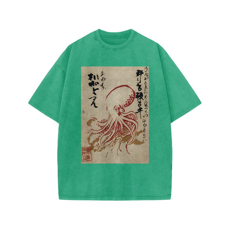 Japanese Retro Octopus Pattern Print Acid Washed T-shirt - Green - US20-22(3XL) - image 6